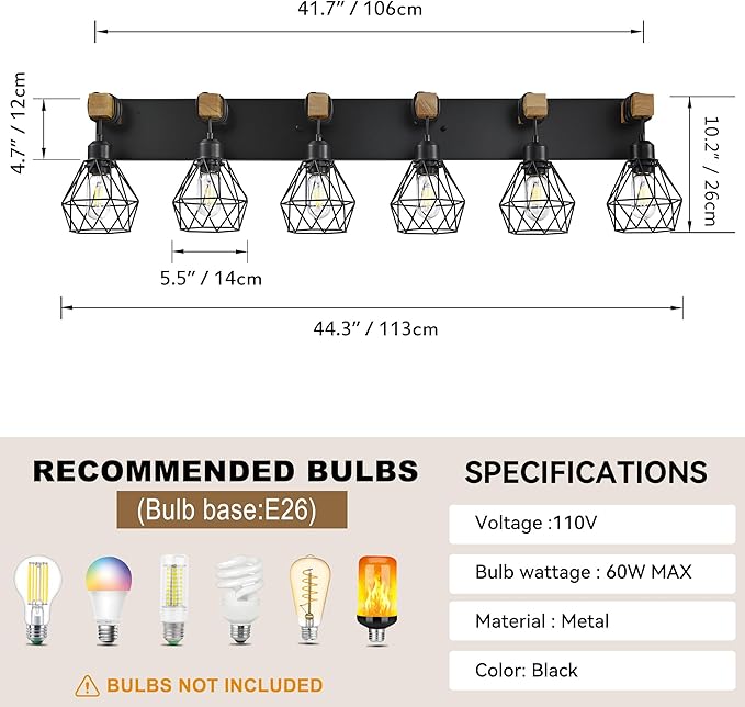 Farmhouse Bathroom Vanity Light Fixtures, 6-Light Wood Bathroom Light Fixtures Over Mirror, Rustic Sconces Wall Lighting with Elegant Metal Lampshade for Living Room, Bedroom, Hallway