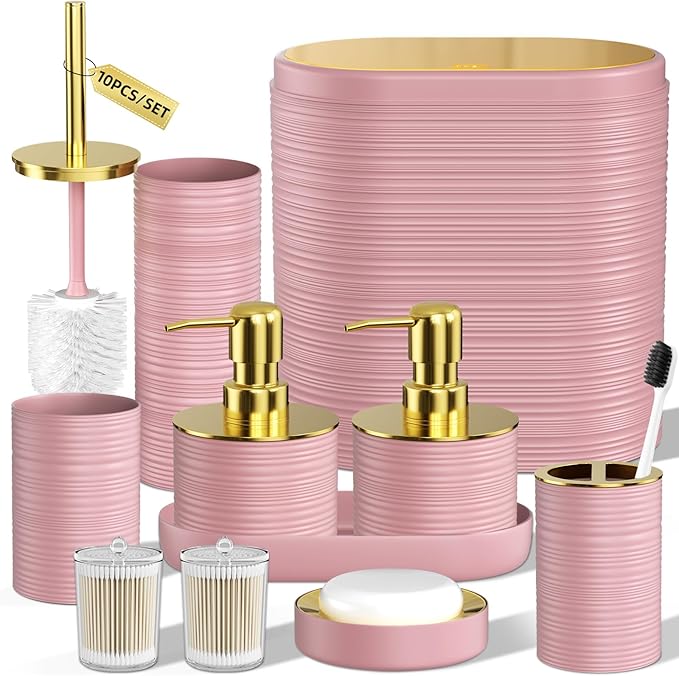 InnJoey Bathroom Set, 10PC Bathroom Accessory Set, Pink Bathroom Accessories, Pink and Gold Bathroom Set with Trash Can, Soap Dispensers