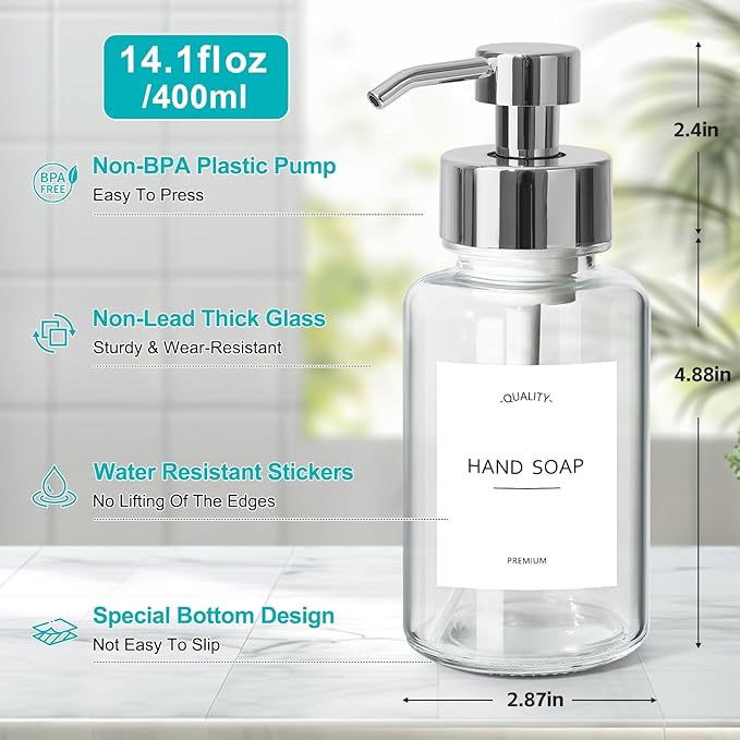 RACOBOT Foaming Soap Dispenser, 14.1 oz/400ml Foaming Hand Soap Dispenser, 2 Pack Glass Foaming Dispenser for Bathroom & Kitchen, Clear Refillable Liquid Dispenser Bottle with Waterproof Labels