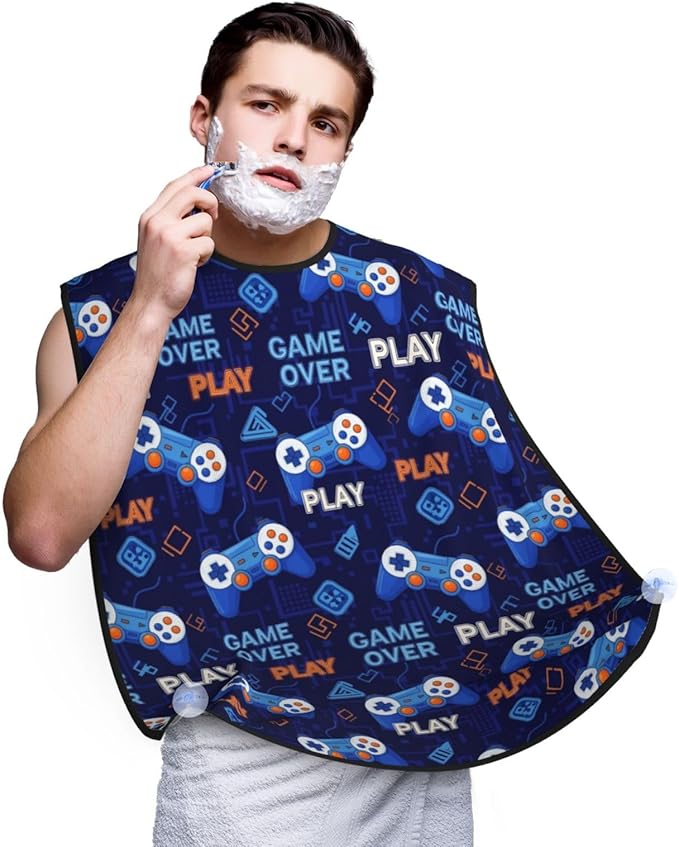 Beard Trimming Hair Catcher, Video Games Weapon Gamers Game Over Play Shave Bib, Non-Stick Bib Apron Waterproof, Shaving Tool for Men for Husband Father’s Day