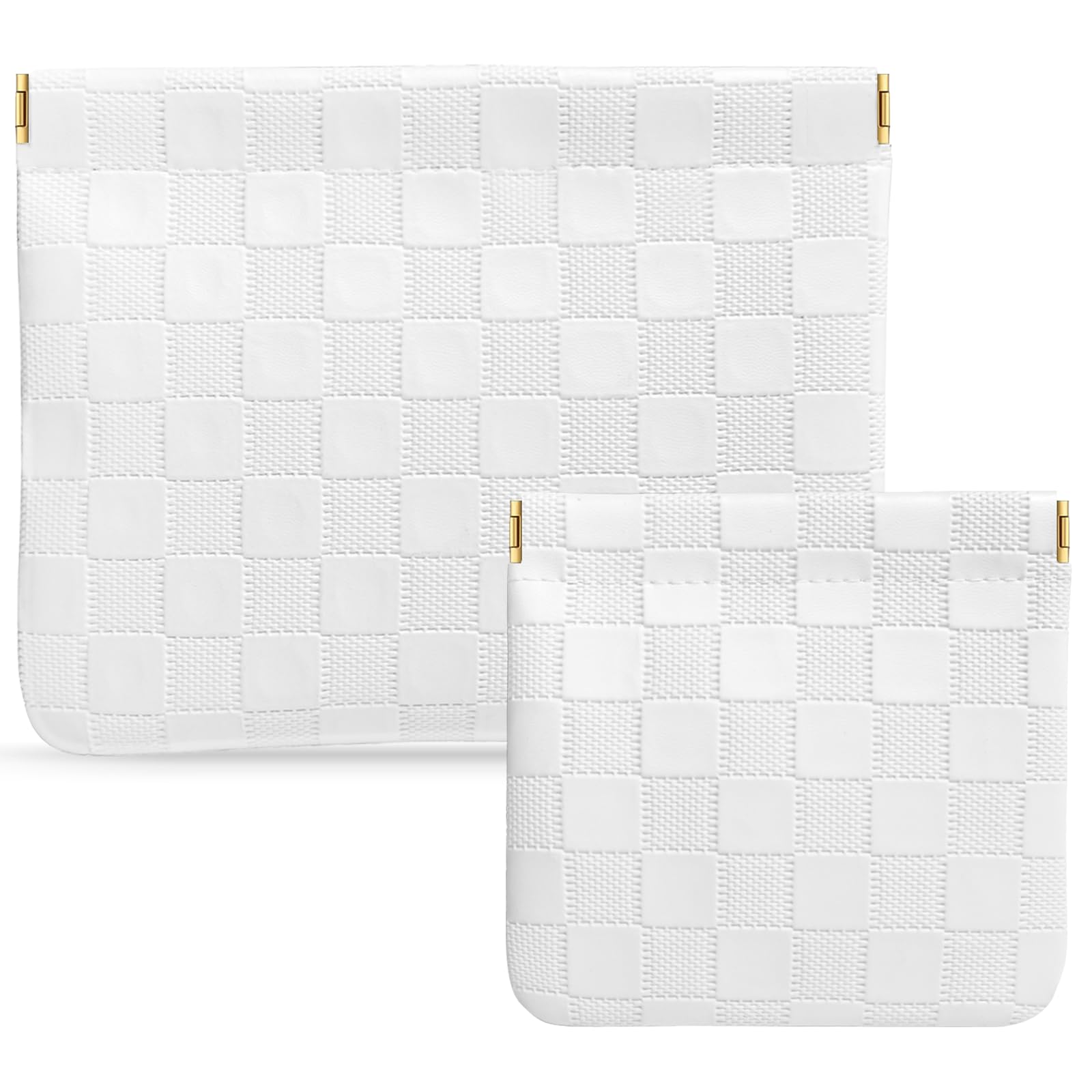 MXXUUOOM 2 Pack Small Makeup Bag for Purse Leather Cosmetic Pouch Organizer, Snap Closure Checkered Makeup Bag, Mini Lipstick Coin Pouch, Travel Makeup Organizer for Women(white)