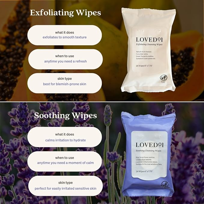 Loved01 Face & Body Cleansing Wipes, John Legend Skincare, Oil Free, No Rinse, Green Tea Extract, Blemish Prone Skin, Lavender Scent, On the Go, Vegan & Cruelty-Free, 2-Pack, 48 Wipes