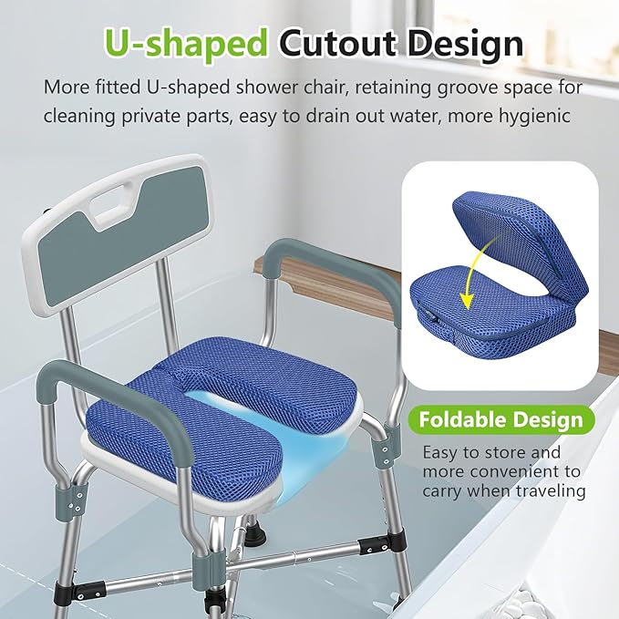Shower Seat Cushion for Shower Bench, 2 Inch Thick U Shape Shower Chair Bathtub Cushion for Elderly Handicap, 4D air Fiber Chair Pad with Handle, Quick Drying Seat Mat for Shower Seats, Transfer Bench