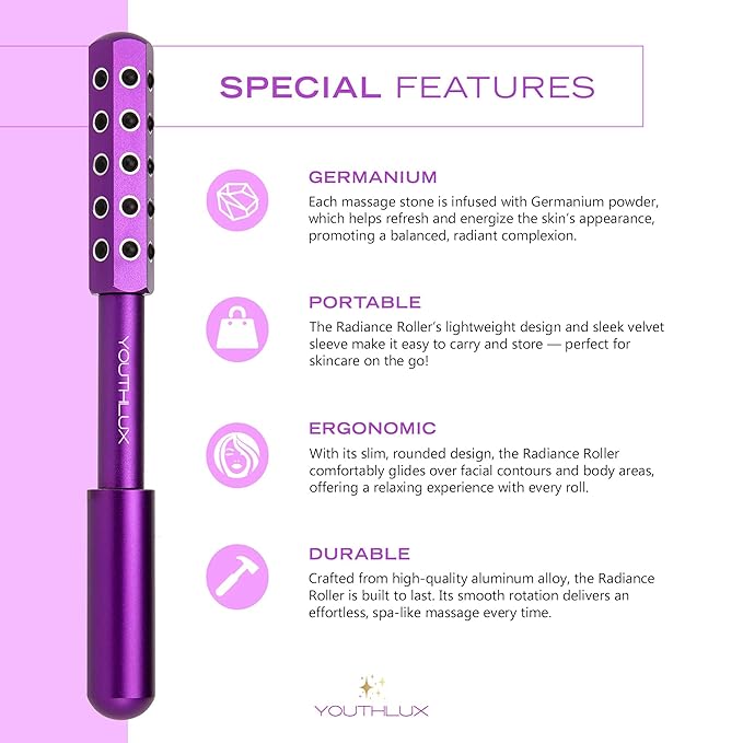 YOUTHLUX Radiance Roller – Germanium Stone Facial Massage Tool/Wand Face Roller for Lifting, Sculpting, De-Puffing, Glow Boost, Energizing & Cooling Effect (Purple)