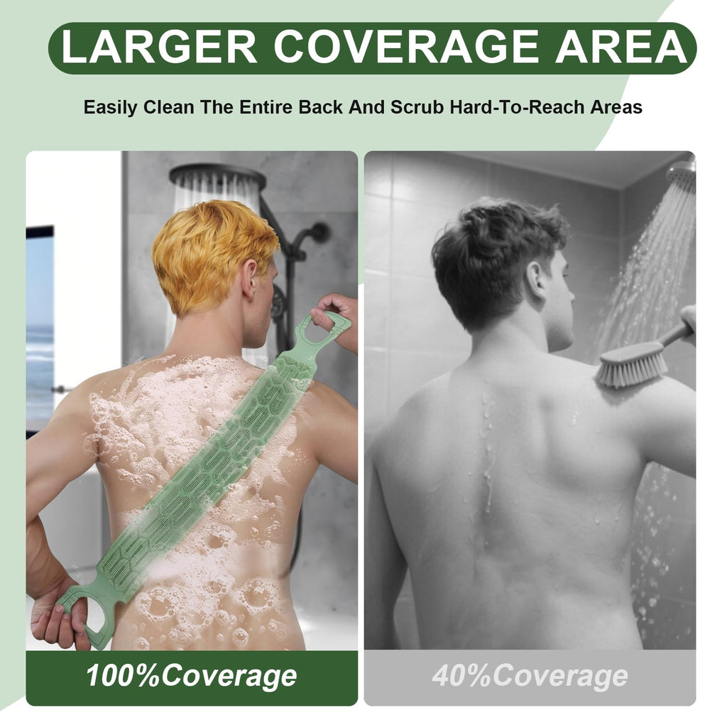 Exfoliating Back Scrubber for Shower,Double-Sided Back Scrub Washcloth Strap,Cover The Entire Back for Men Women,Silicone Back Massage Bath Brush,Exfoliate and Massage (Green)