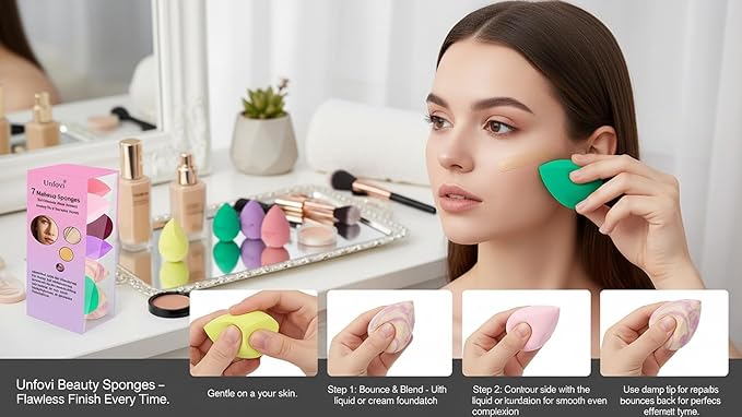 7-Pack Makeup Sponges Set, Cosmetic Sponge for Foundation & Concealer, Latex-Free Reusable Beauty Face Blender, Soft Makeup Blenders for Liquid, Cream, Powder Wet/Dry Application (Multi)