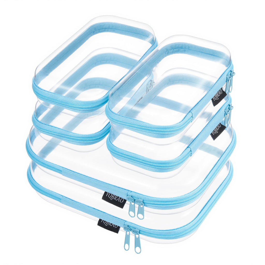6 Pack Blue Clear Hard Shell Beauty Organizer (2M+4S), 1.2mm Heavy Duty Crush-Proof Cosmetic Case, Reinforced YKK Zippers, Stadium Approved Security Bag for Skincare & Electronics, Multi-Size Set