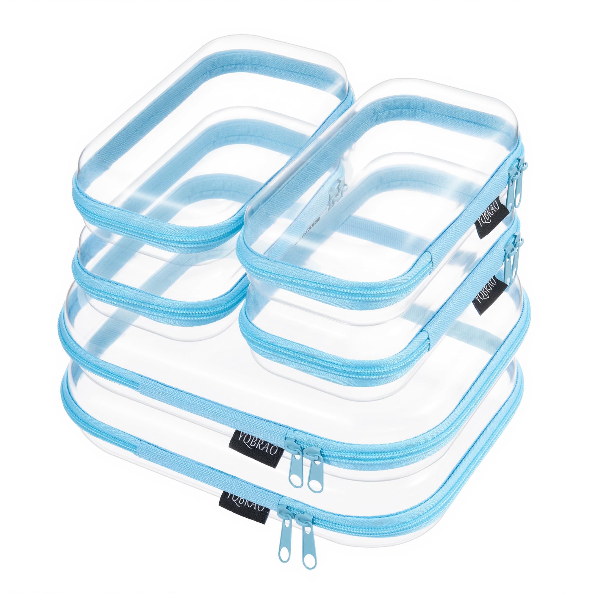 6 Pack Blue Clear Hard Shell Beauty Organizer (2M+4S), 1.2mm Heavy Duty Crush-Proof Cosmetic Case, Reinforced YKK Zippers, Stadium Approved Security Bag for Skincare & Electronics, Multi-Size Set