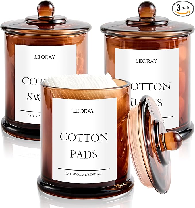3 Pack Glass Qtip Holder Dispenser with Lids, Airtight Waterproof, 16 Oz Vanity Organizer Bathroom Canisters for Cotton Swabs, Balls, Pads, Floss Picks, Restroom Bedroom Kitchen Storage Jars, Amber