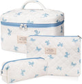 Gosect 3PC Makeup Bag Set, Quilted Makeup Bag, Large Floral Cosmetic Bag for Women, Cute Cotton Makeup Bags, Flower Travel Toiletry Organizer Bag (White and Blue Bow)