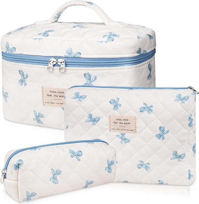 Gosect 3PC Makeup Bag Set, Quilted Makeup Bag, Large Floral Cosmetic Bag for Women, Cute Cotton Makeup Bags, Flower Travel Toiletry Organizer Bag (White and Blue Bow)