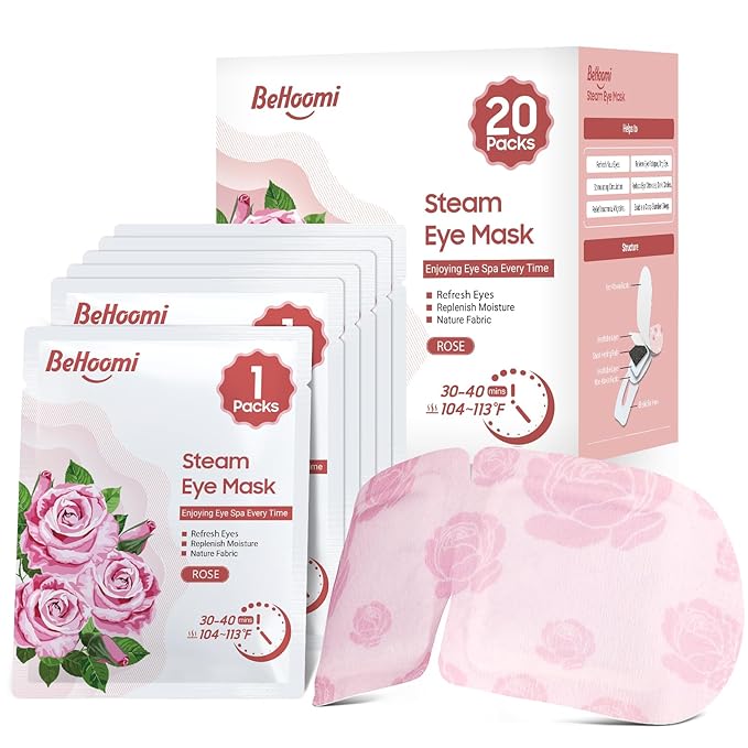 BeHoomi 20 Packs Steam Eye Mask, Heated Eye Mask Warm Compress for Eyes, Disposable Self Heating Steam Mask for Home, Sleep, Spa, Travel Essentials & Relaxation Gifts for Women (Rose)