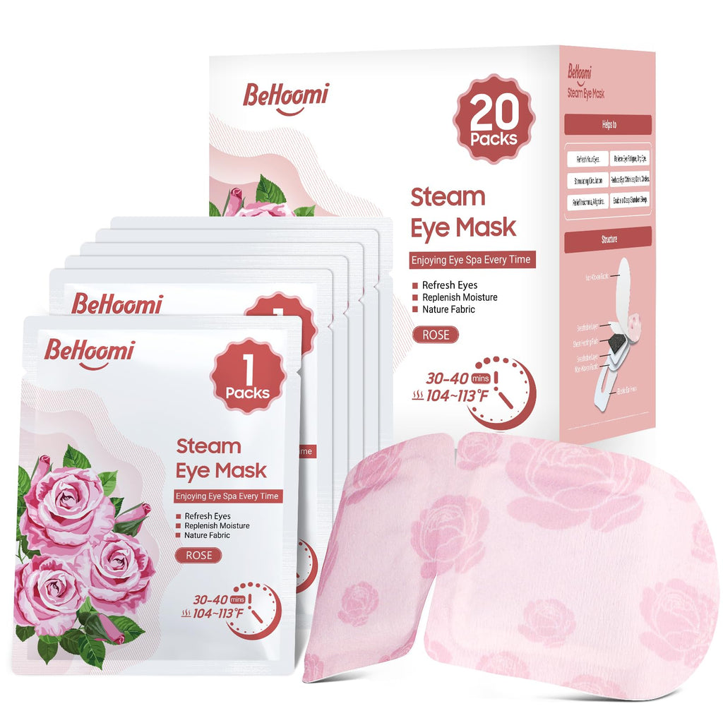 BeHoomi 20 Packs Steam Eye Mask, Heated Eye Mask Warm Compress for Eyes, Disposable Self Heating Steam Mask for Home, Sleep, Spa, Travel Essentials & Relaxation Gifts for Women (Rose)