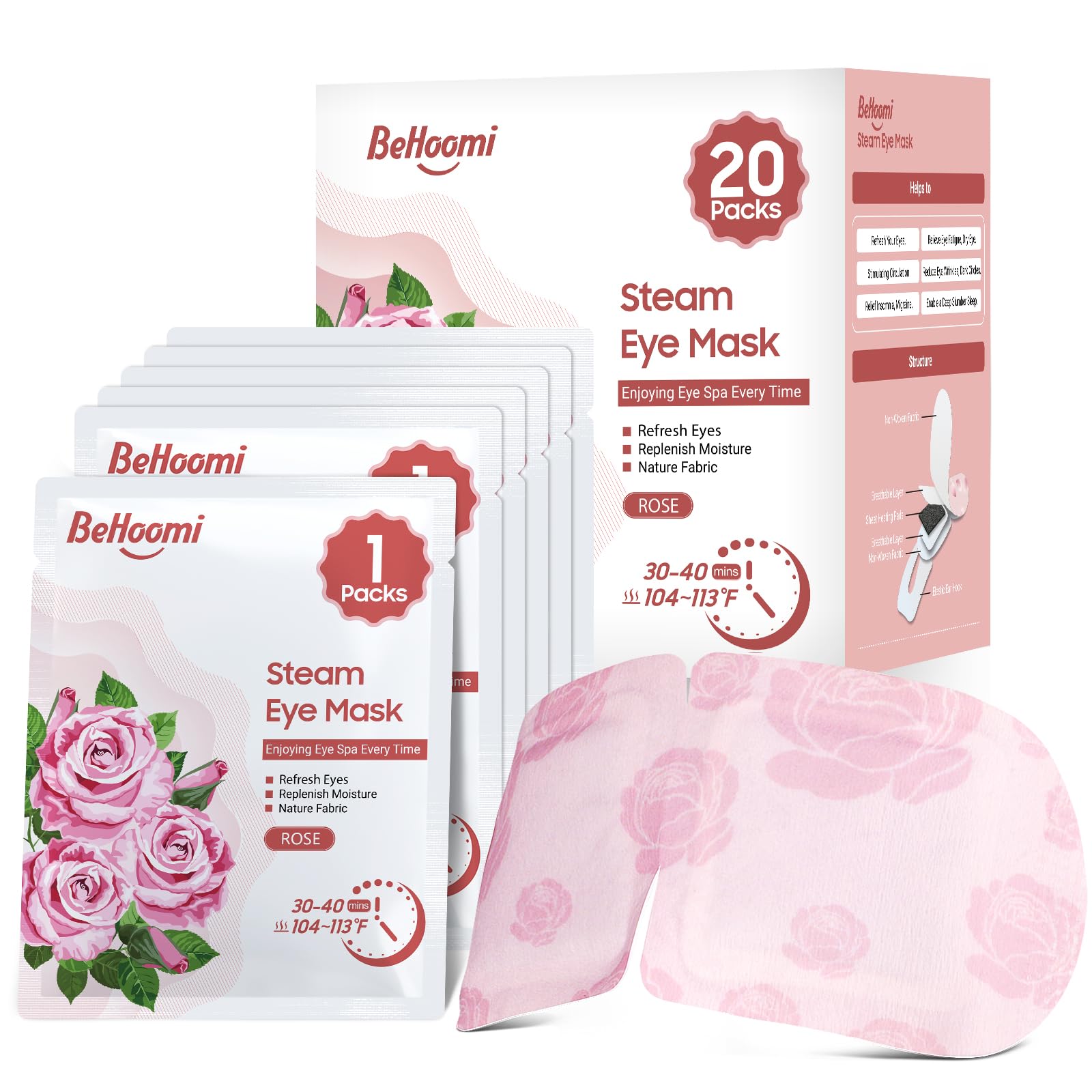 BeHoomi 20 Packs Steam Eye Mask, Heated Eye Mask Warm Compress for Eyes, Disposable Self Heating Steam Mask for Home, Sleep, Spa, Travel Essentials & Relaxation Gifts for Women (Rose)