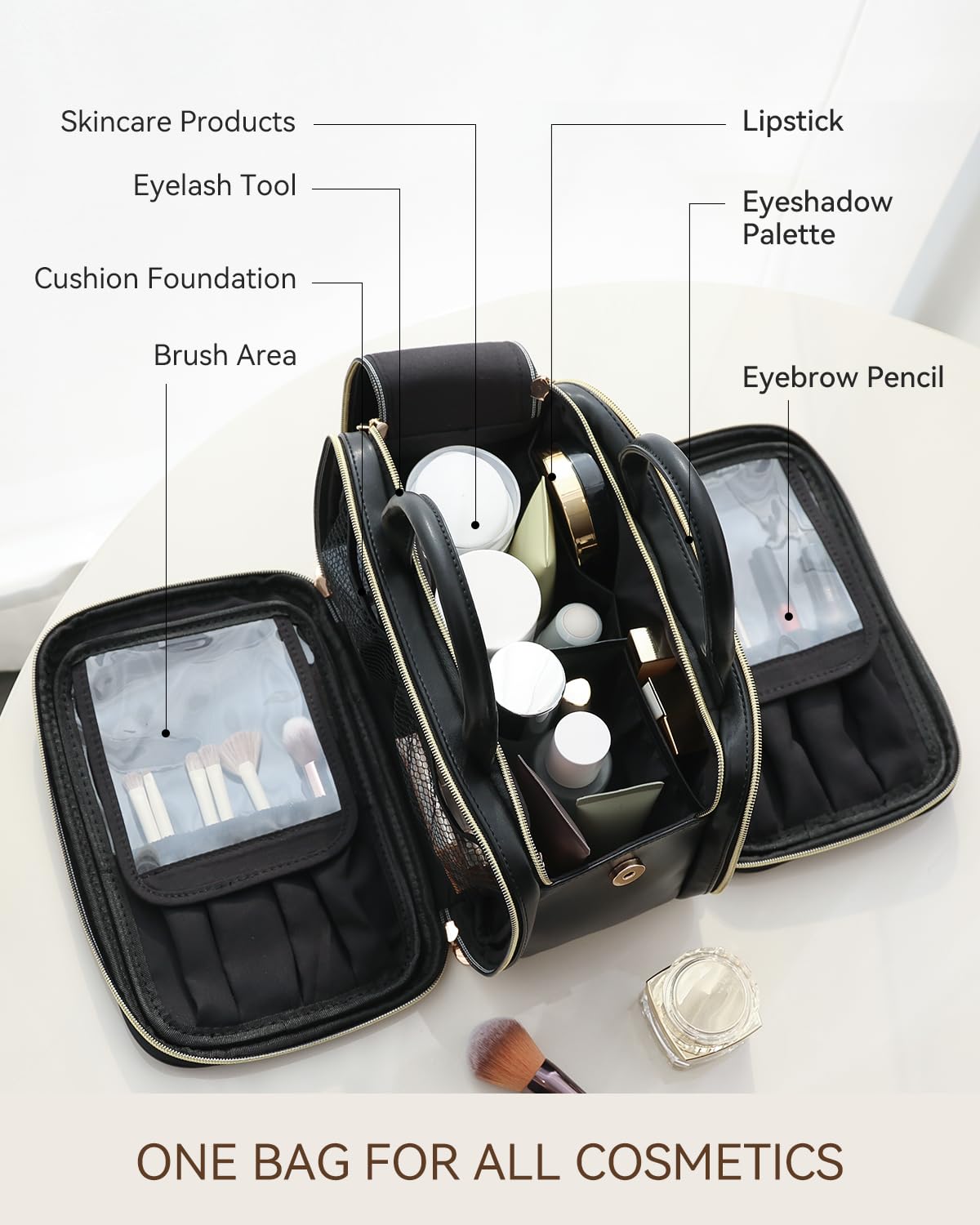Prite Large Makeup Bag, Waterproof Travel Cosmetic Case with Brush Holder