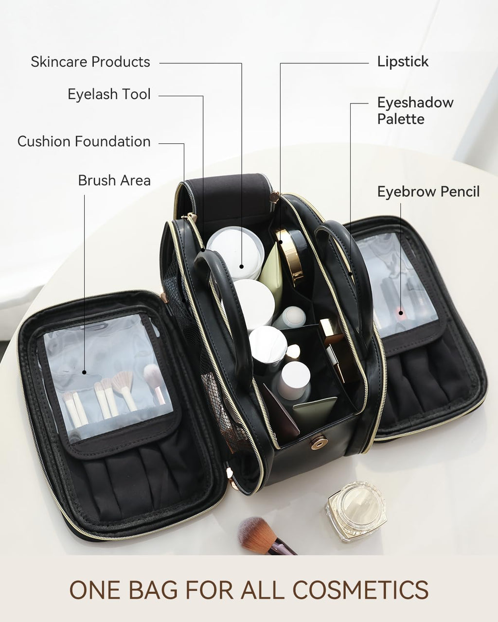 Prite Large Makeup Bag, Waterproof Travel Cosmetic Case with Brush Holder