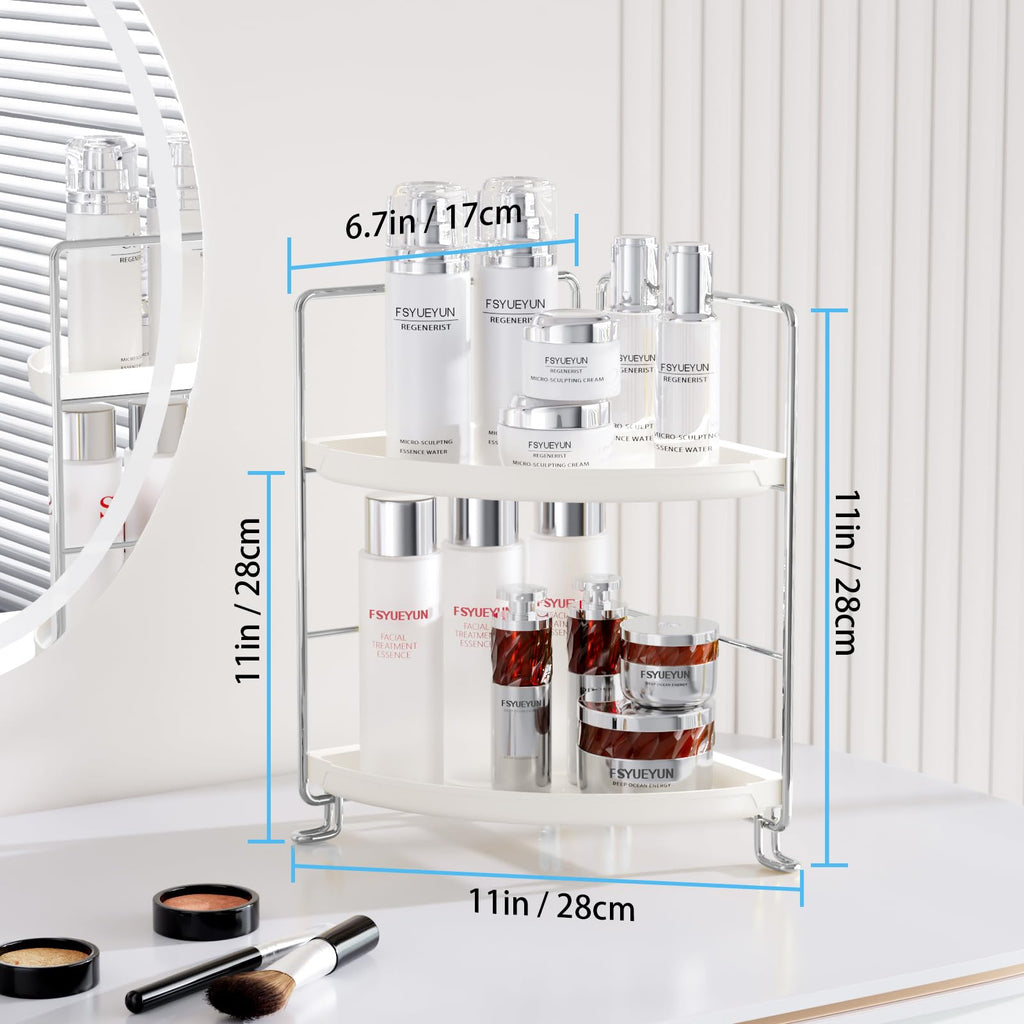 FSyueyun 2-Tier Corner Bathroom Counter Organizer, Tool-Less Installation Vanity Shelf Small Plastics Countertop Makeup Tray Skincare Perfume Organizers (Silver)