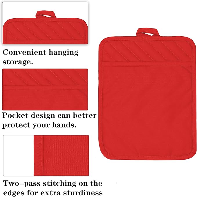 VEIKERY Oven Pot Holder with Pocket Cotton Heat Resistant Coaster Potholder Kitchen Hot Pad Oven Mitts for Cooking Square 7"x9"Set of 5 (Red)