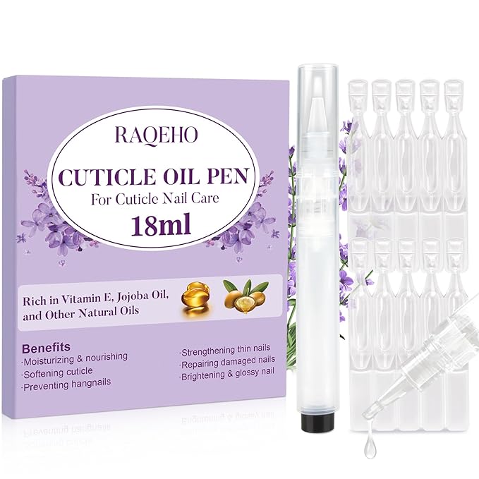 RAQEHO Refillable Cuticle Oil Pen - 1 Empty Nail Oil Pen with 10 x 1.8ml Queeze Cuticle Oil Stick with Vitamin E Jojoba Oil Softener Moisturizer Growth Strength Repair for Thin Damaged Nails（Lavender）
