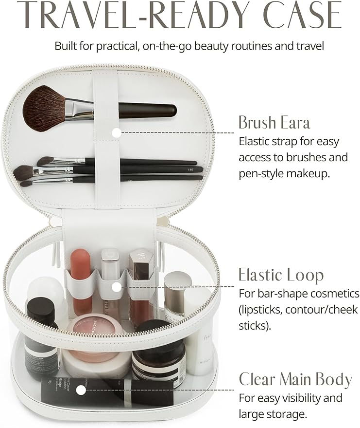 Popvibe Clear Makeup Train Case Vanity Bag Make Up Travel Bag with Brush Holder, Compact Transparent Makeuo Bag for Traveling Leather Cosmetic Case Portable Travel Essentials Toiletry Organizer White