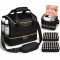 Veirdro Nail Polish Organizer Bag Holds 80 Bottles (15ml/0.5fl.oz)& Nail Lamp, Soft Nylon Nail Kit Storage Carrying Case with Shoulder Strap, Double Layer Nail Supplies Organizer Handbag Women Black
