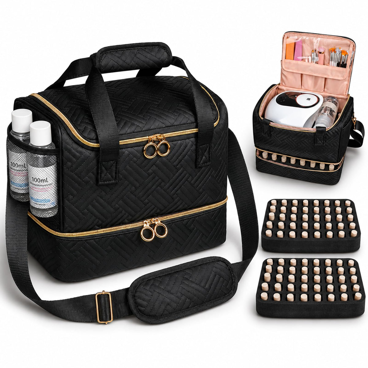 Veirdro Nail Polish Organizer Bag Holds 80 Bottles (15ml/0.5fl.oz)& Nail Lamp, Soft Nylon Nail Kit Storage Carrying Case with Shoulder Strap, Double Layer Nail Supplies Organizer Handbag Women Black
