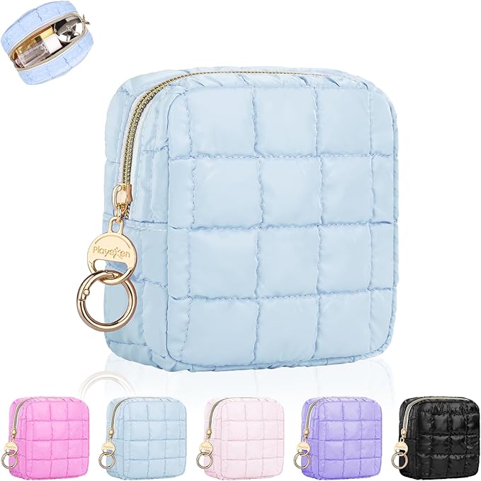 Playexen 4.9" Puffy Small Makeup Bag, Cute Quilted Cosmetic Bag for Purse, Mini Travel Toiletry Organize Pouches for Women, Birthday/Wedding/Christmas Gifts (Blue)