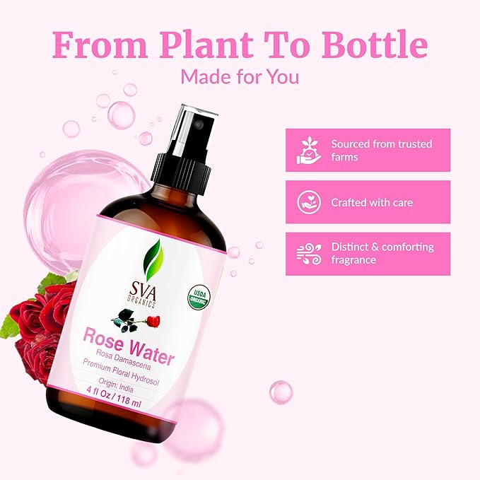 SVA ORGANICS Rose Water, Glass Bottle with Spray, 4 Fl Oz (118 ml)