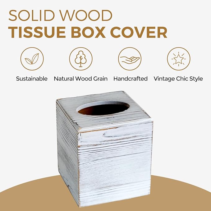 KALEKAIL Wood Tissue Box Cover Square, Rustic White Tissue Box Cover, Decorative Cube Facial Wooden Tissue Box Holder with Slide-Out Bottom for Bathroom, Bedroom, Dinner Table, Office, Kitchen