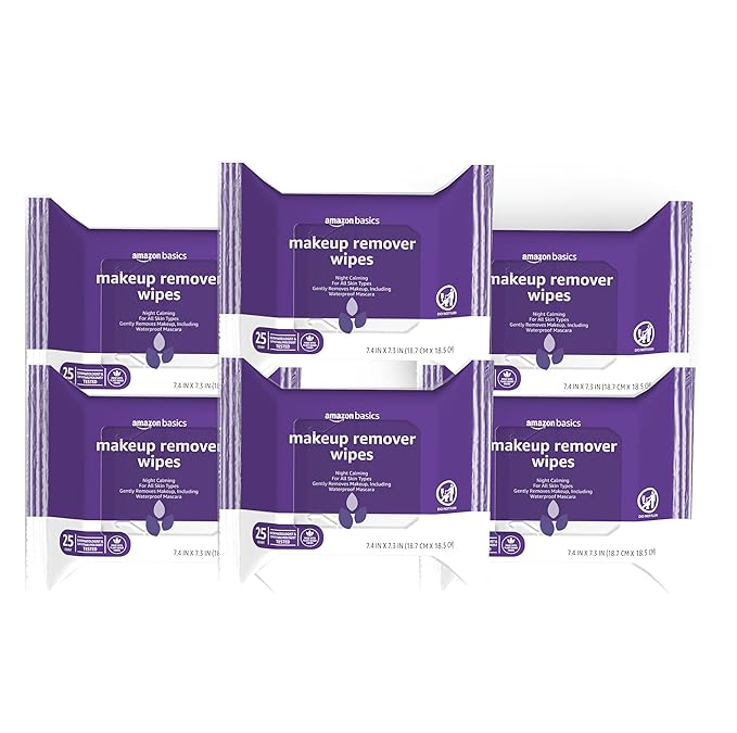 Amazon Basics Makeup Remover Wipes, Gentle Cleansing, Dermatologist Tested, Night Calming, Plant Based, Alcohol-Free, Removes Waterproof Mascara, pH Balanced, 25-Count, 6-Pack