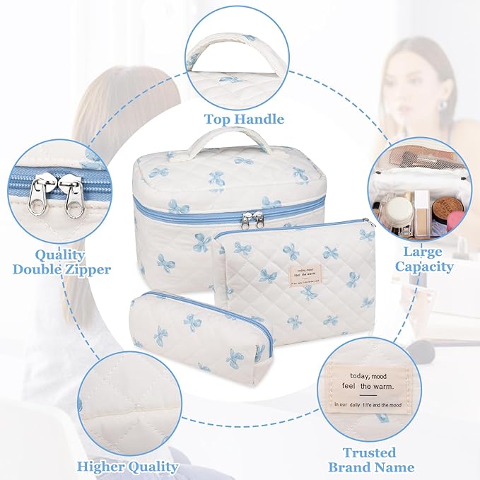 Gosect 3PC Makeup Bag Set, Quilted Makeup Bag, Large Floral Cosmetic Bag for Women, Cute Cotton Makeup Bags, Flower Travel Toiletry Organizer Bag (White and Blue Bow)