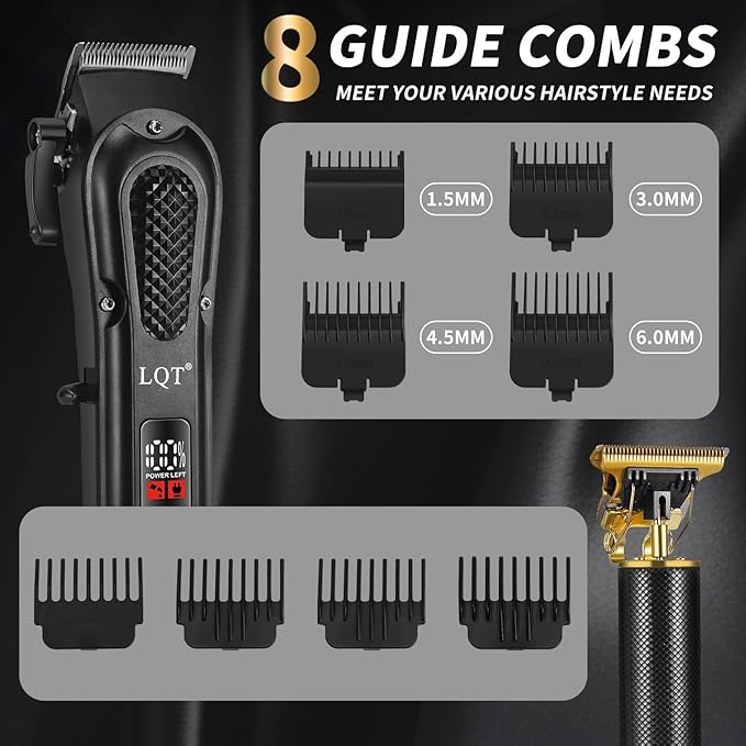 LQT® Men's Professional Hair Clippers Kit，Cordless & Corded Barber Clippers Set，Grooming Rechargeable Beard Trimmer with Adjustable Blade Black
