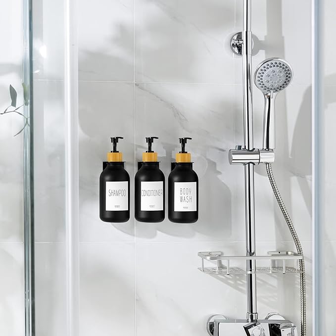 VITVITI Shampoo and Conditioner Dispenser, Body Wash Shower Soap Dispenser Wall Mounted 3 Chamber, Drill Free 17oz Plastic Shower Bottles for Bathroom, Black 3 Sets