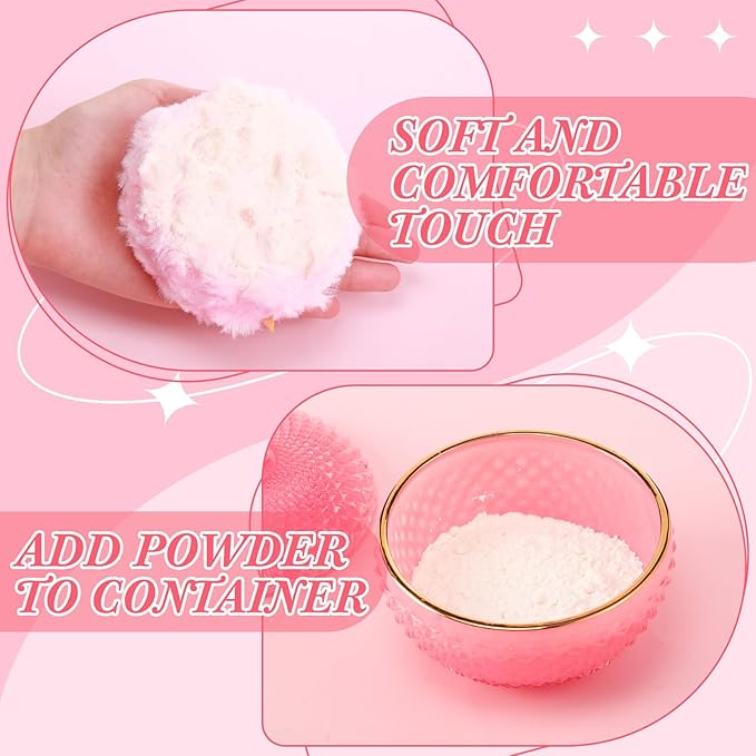 Teenyyou 4 Pcs Pink Large Body Powder Puff and Container for Body with Crystal Container Fluffy Soft Washable Face Glitter Powder Puff Puffs for Wet Dry