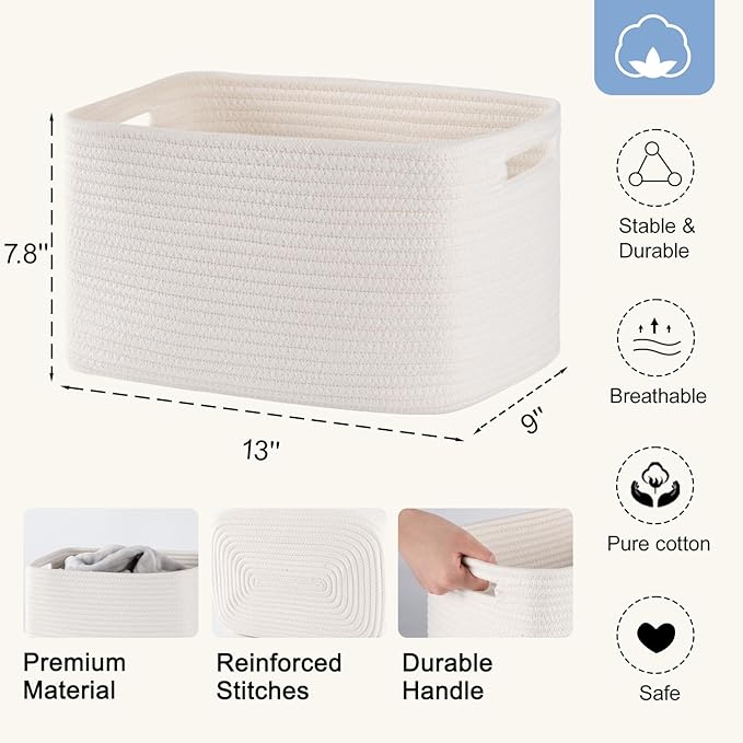 SIXDOVE 4 Pack Storage Baskets for Organizing, Woven Baskets for Shelves - Perfect for Toys, Books, Towels, and Clothes, Durable Gift Basket Bins Toy Storage, 12.7''L x9''W x7.8''H, White