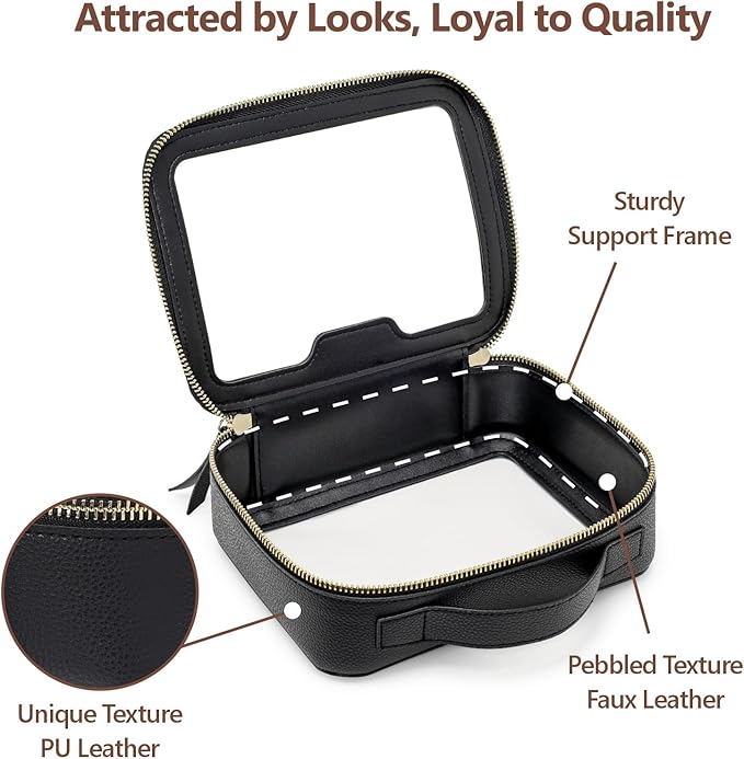 PACKISM Structured Clear Makeup Bag - Faux Leather Cosmetic Pouch with Reinforced Frame, Stand-Up Toiletry Organizer for Purse & Car Console, Medium Black