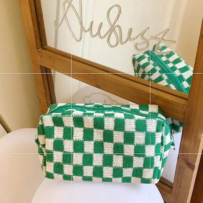 SxoSyo 2 Pcs Checkered Cosmetic Bags, Small Makeup Bag Purse, Green