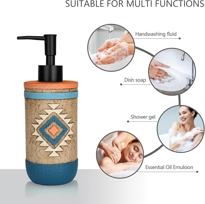 Bathroom Accessory Sets 4PCs Complete Tribal Home Decor Southwest Pattern Shape Includes Lotion Dispenser Toothbrush Holder Tumbler Cup & Vanity Tray