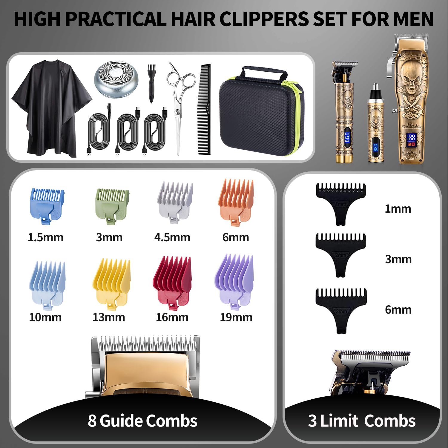 Roziapro Professional Hair Clippers for Men, Hair Trimmer for Haircut Cordless Hair Clippers Set with Rechargeable Nose Hair Trimmer, Gifts for Men (Gold)