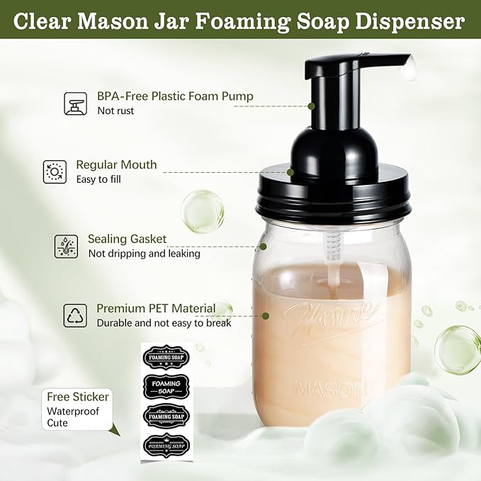 Amolliar Plastic Mason Jar Foaming Soap Dispenser with Pump Lid,16OZ Refillable Hand Soap Dispenser with Cute Lables, Farmhouse Decor for Kitchen/Bathroom, Lotion Dish Soap (1 Pack, Black)
