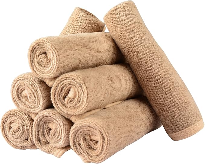 Mars wings Microfiber Facial Cloths (Facial Towels), 8 Pack (12 x 12 inch), Super Absorbent, Quick Drying Fast, Soft, Eco-Friendly, for Facial Wash Cleansing, Make-up Removal, Baby and Travel (Camel)