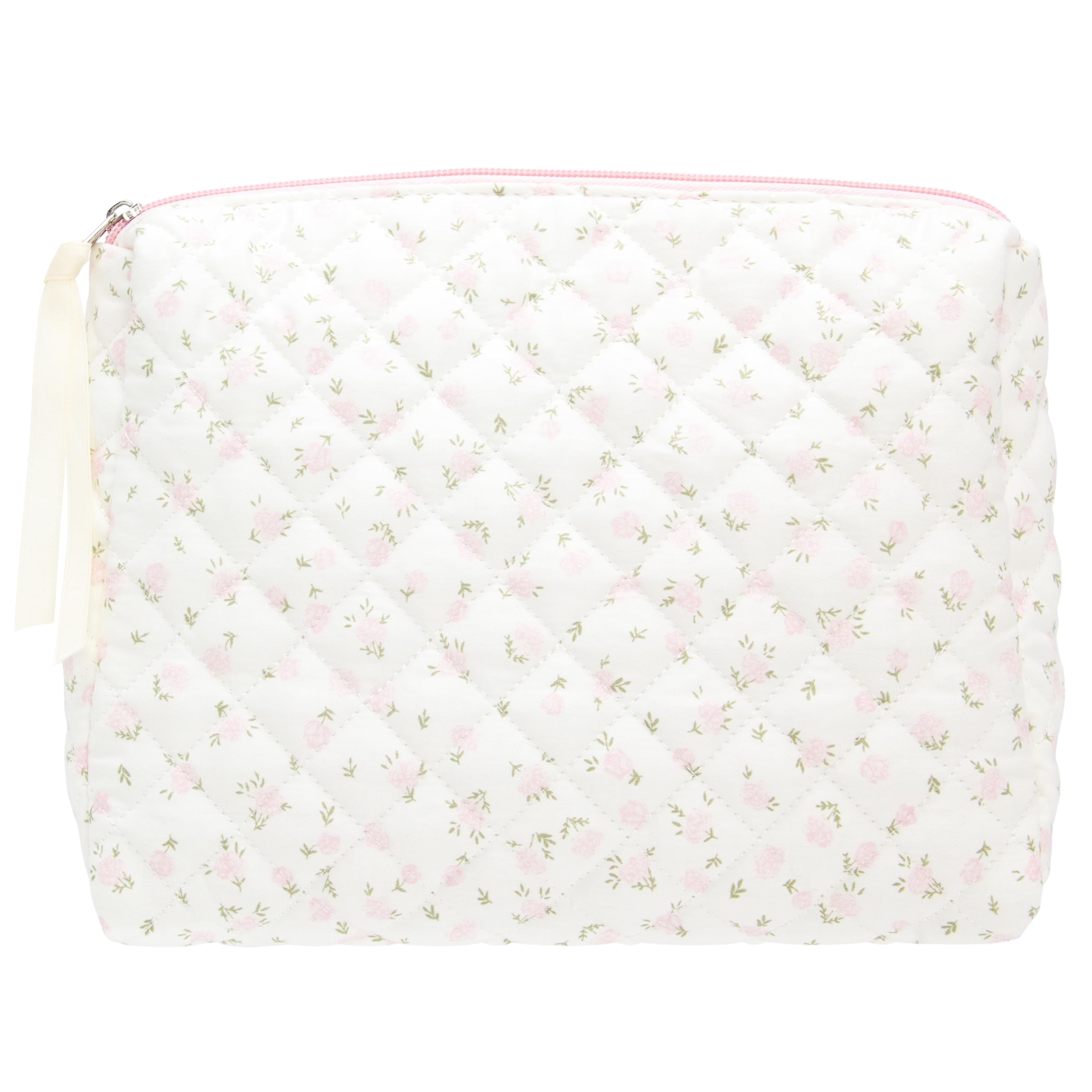 Quilted Makeup Bag Large Travel Zipper Soft Cosmetic Pouch for Women Girls Make Up,Little Flower Pink