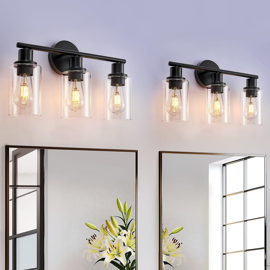 DLLT 3-Light Bathroom Light Fixtures: Set of 2 Black Modern Vanity Lights with Clear Glass Shade - 18.51" Bathroom Wall Lamp for Mirror Kitchen Living Room