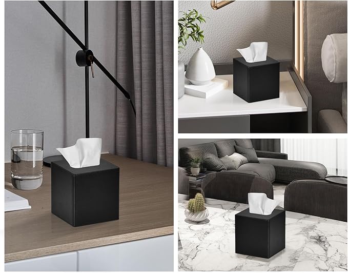 GOLRANLYE Tissue Box Cover Square PU Leather Facial Tissue Box Holder for Dresser Bathroom Decor (Black)