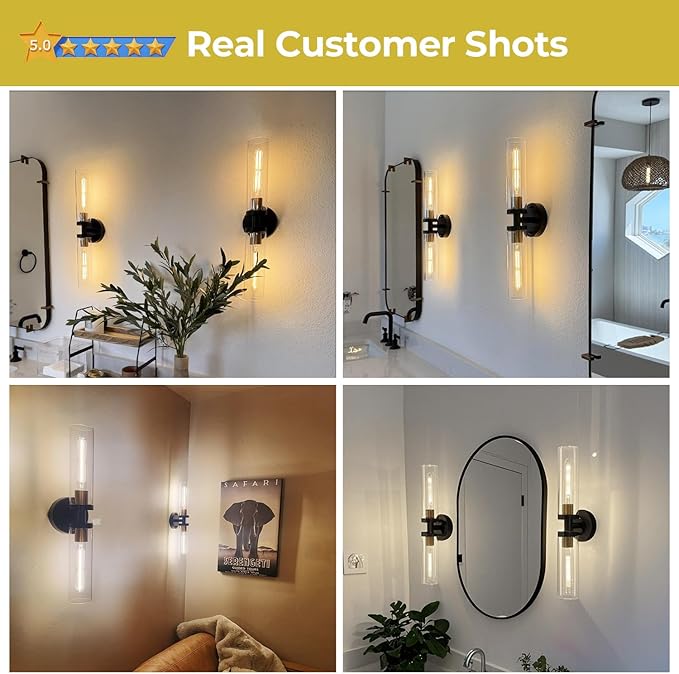 Wall Sconces Set of Two, 22" Black and Gold Bathroom Sconces with Clear Glass, Hardwired Modern Sconces Wall Decor Set of 2 Wall Light fixtures for Bathroom Mirror Living Room Hallway Bedroom