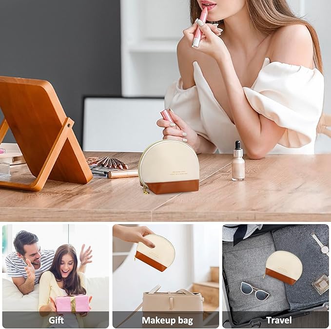 JINSI Small Makeup Bag Travel Cosmetic Bag Toiletry Zipper Pouch Make Up Organizer Bag with Handle Purse for Women Soft PU Leather Skincare Case (S01-Beige)