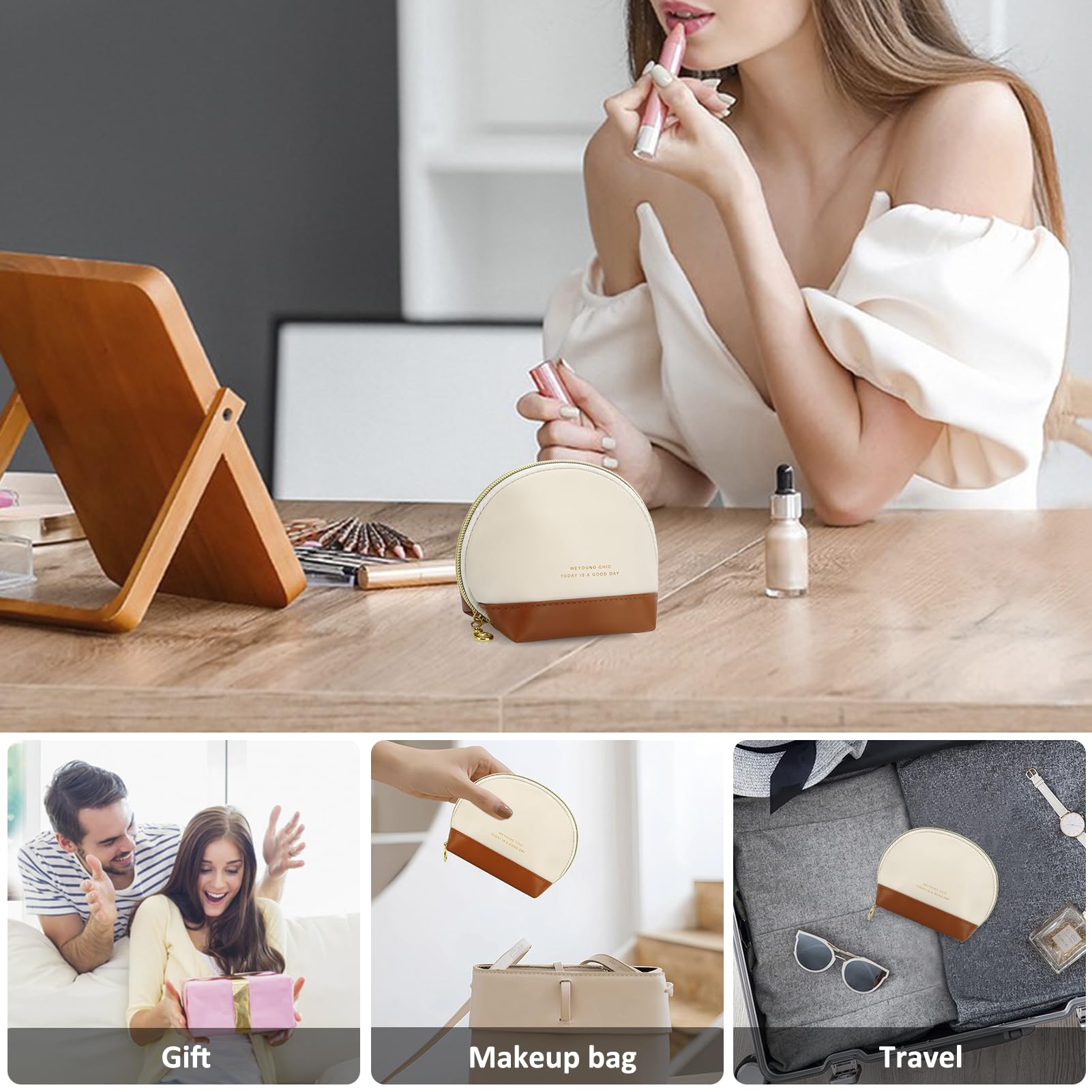 JINSI Small Makeup Bag Travel Cosmetic Bag Toiletry Zipper Pouch Make Up Organizer Bag with Handle Purse for Women Soft PU Leather Skincare Case (S01-Beige)