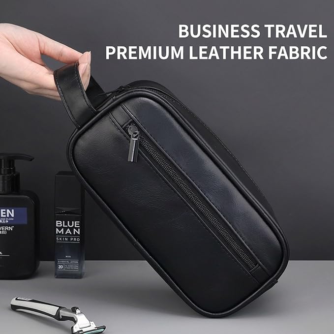Men’s Toiletry Bag - Vintage PU Leather Kit for Travel - Water-Resistant Shaving Bag,Compact Pouch Gift for Husband, Dad (Black)