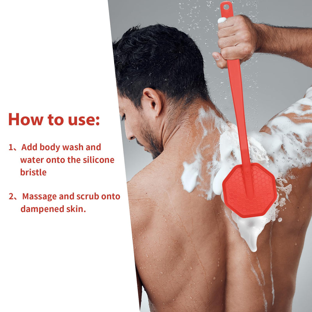 iTOKGOK Silver-Infused Silicone Back Scrubber with Long Handle Back Brush for Shower,Back Scrubber Body Exfoliator Scrubber for All Skin Type and Sensitive Skin - for Men and Women - Red