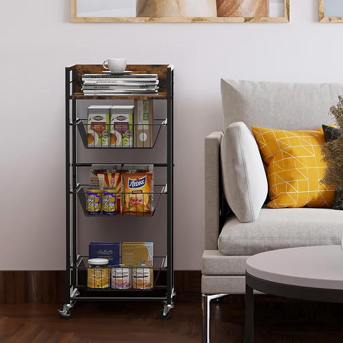 Sunexinlo 4-Tier Kitchen Rolling Cart with 3 Pull-Out Wire Baskets, Wooden Top and 360° Wheels, Narrow Kitchen Storage Cart for Fruit, Vegetable, Pantry, Bathroom, Laundry Room, Rustic Brown